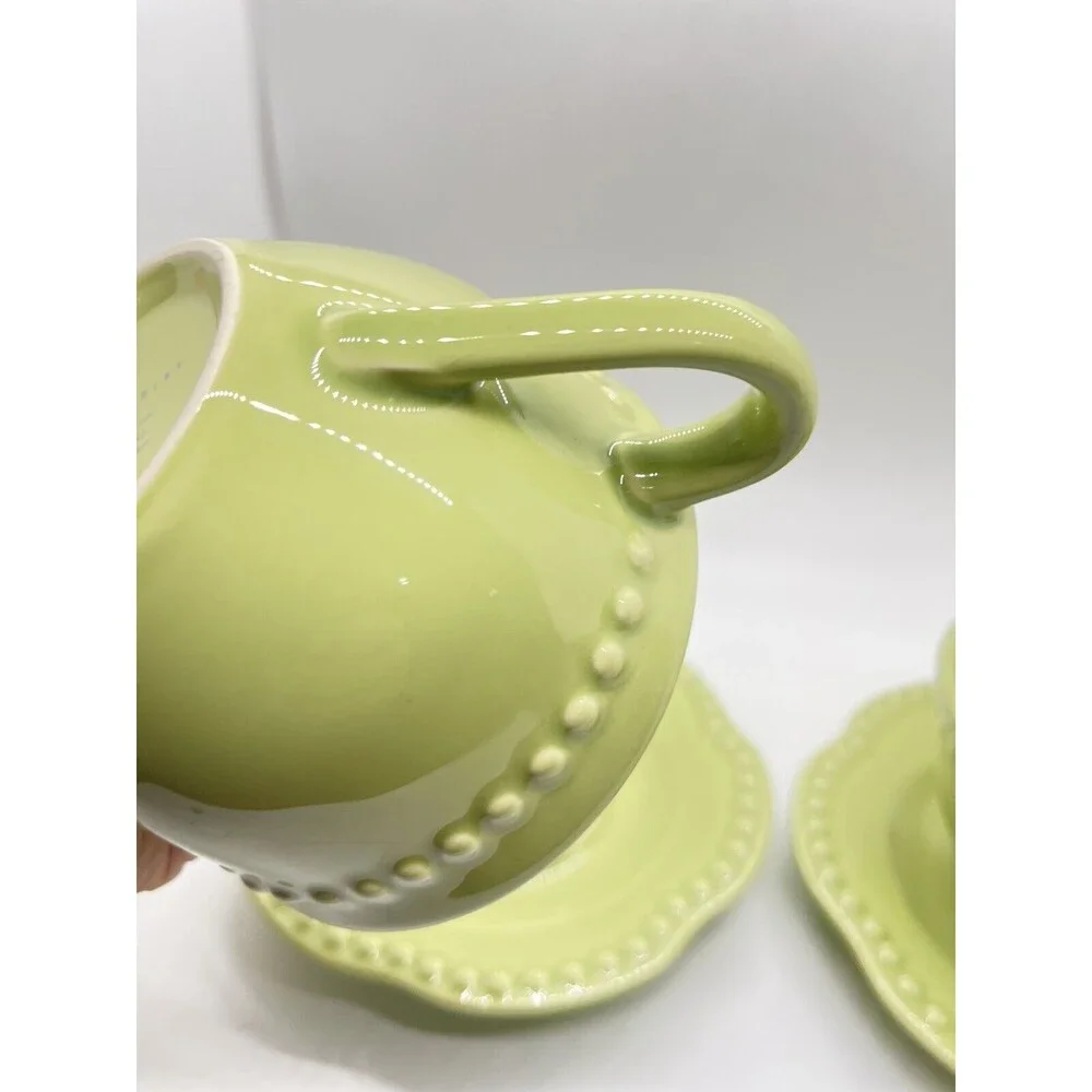 SET OF 2 POTTERY BARN EMMA GREEN BEADED CUP & SAUCER SETS PORTUGAL